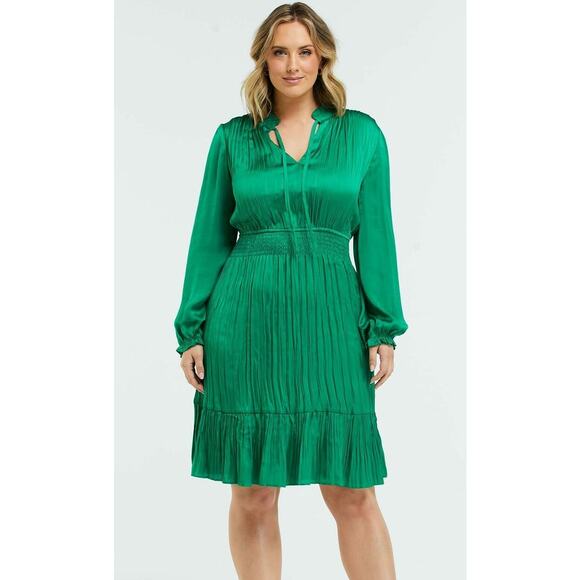 Estelle Emerald Green Shirred Long Sleeve Satin Pleated Dress 2X Holiday Event - Picture 1 of 10